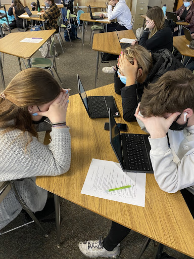 SPASH Seniors Liam OKeefe, Hannah Purpakile, and Junior Kenzie Bierman Stressed as they finish first semester work.