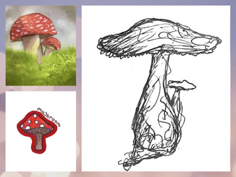 This collage exhibits different art styles used by SPASH students to draw a mushroom. This depicts the different techniques and mediums that range in art, from digital drawing in the top left corner to minimalistic line drawing in the right. 
