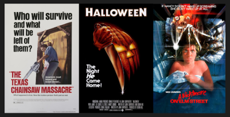 Movie posters for The Texas Chainsaw Massacre, Halloween, and A Nightmare on Elm Street. Compilation by Marley Potter.