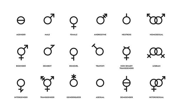 Gender line icons. Sexual orientation sign. LGBT symbols of hetero and homo couples, female, male or unisex, asexual people. Contour sex identity emblems. Vector discrimination or tolerance mark set