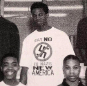 Teenage Kanye wearing a shirt opposing Nazi's 