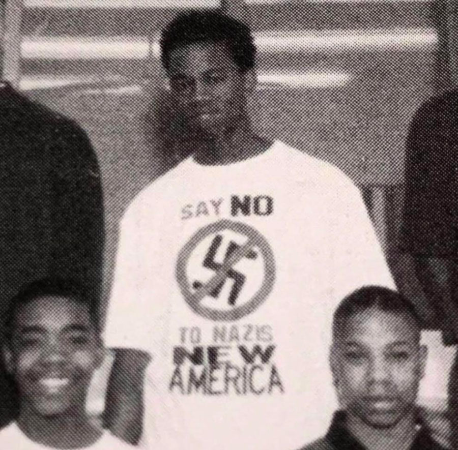 Teenage Kanye wearing a shirt opposing Nazis 